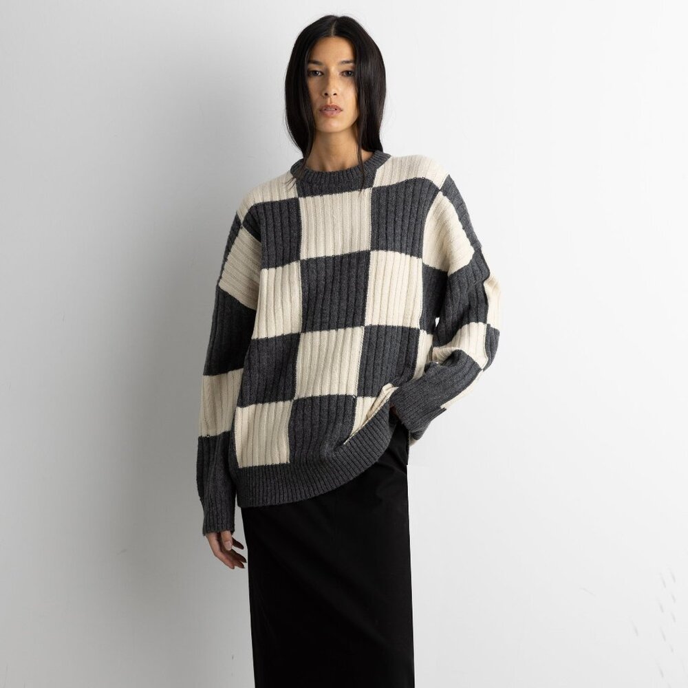 OAK + FORT RIB-KNIT CHECKERED SWEATER XS NWT